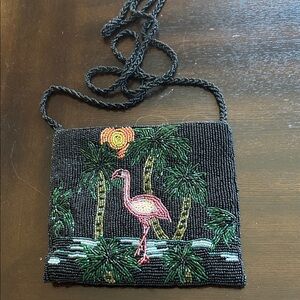 Beaded Flamingo Design Black Crossbody Bag